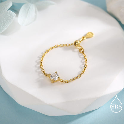 Sterling Silver Sparkly CZ Soft Chain Ring, Adjustable Size Crystal Chain Ring, Silver or Gold Finish, Soft chain Ring in Sterling Silver