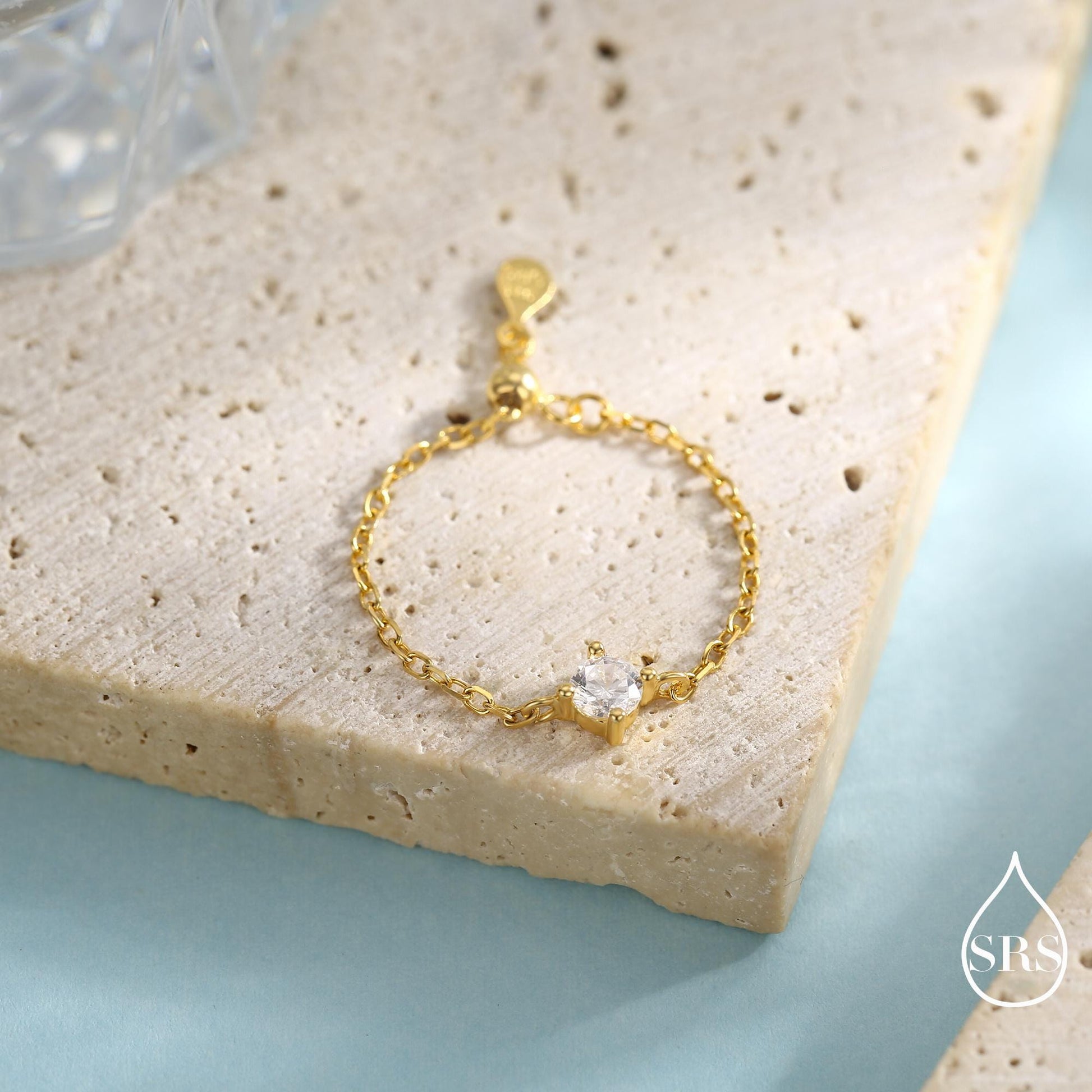 Sterling Silver Sparkly CZ Soft Chain Ring, Adjustable Size Crystal Chain Ring, Silver or Gold Finish, Soft chain Ring in Sterling Silver