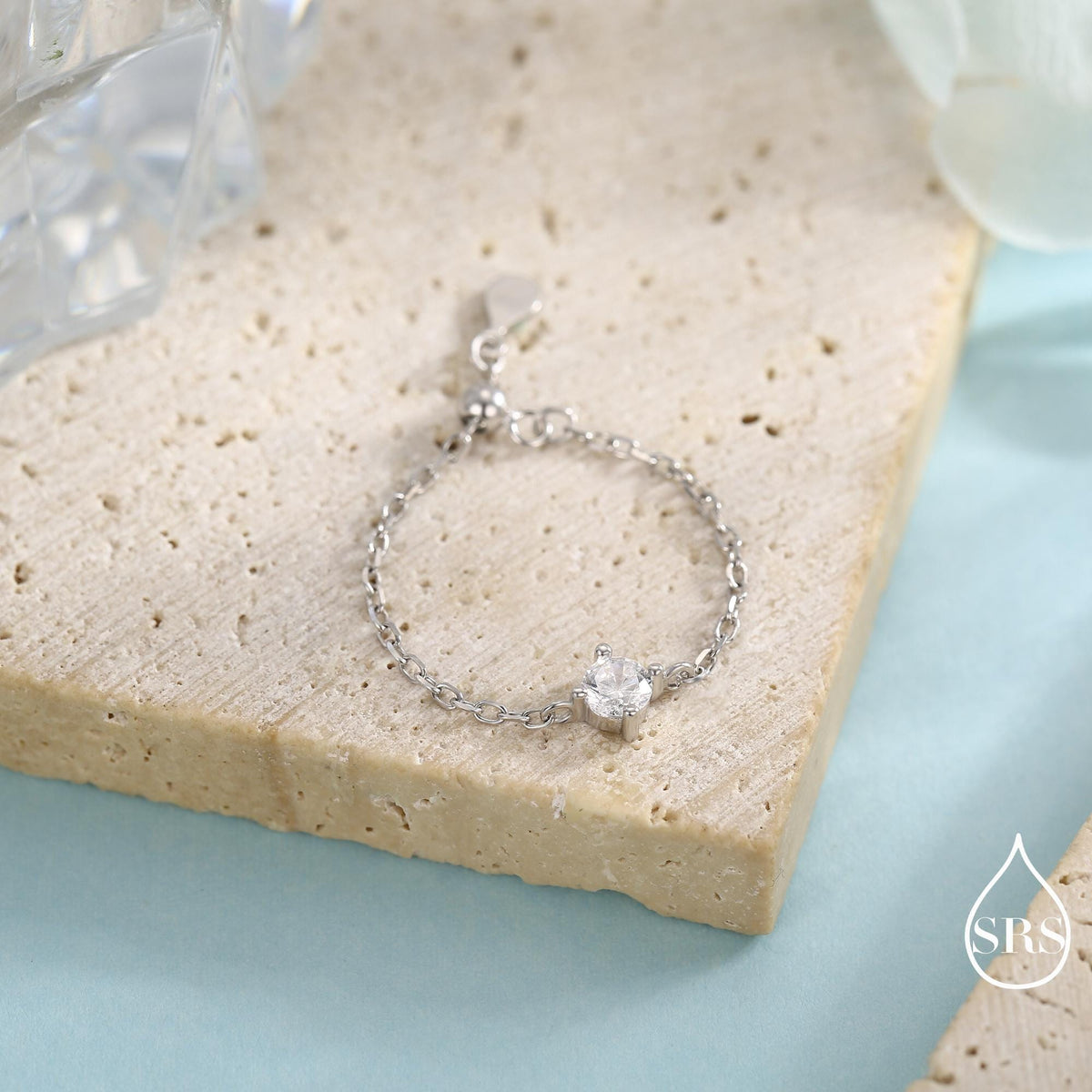 Sterling Silver Sparkly CZ Soft Chain Ring, Adjustable Size Crystal Chain Ring, Silver or Gold Finish, Soft chain Ring in Sterling Silver