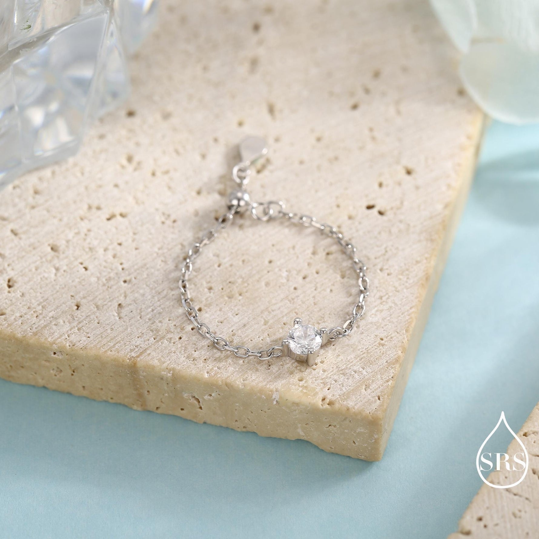 Sterling Silver Sparkly CZ Soft Chain Ring, Adjustable Size Crystal Chain Ring, Silver or Gold Finish, Soft chain Ring in Sterling Silver