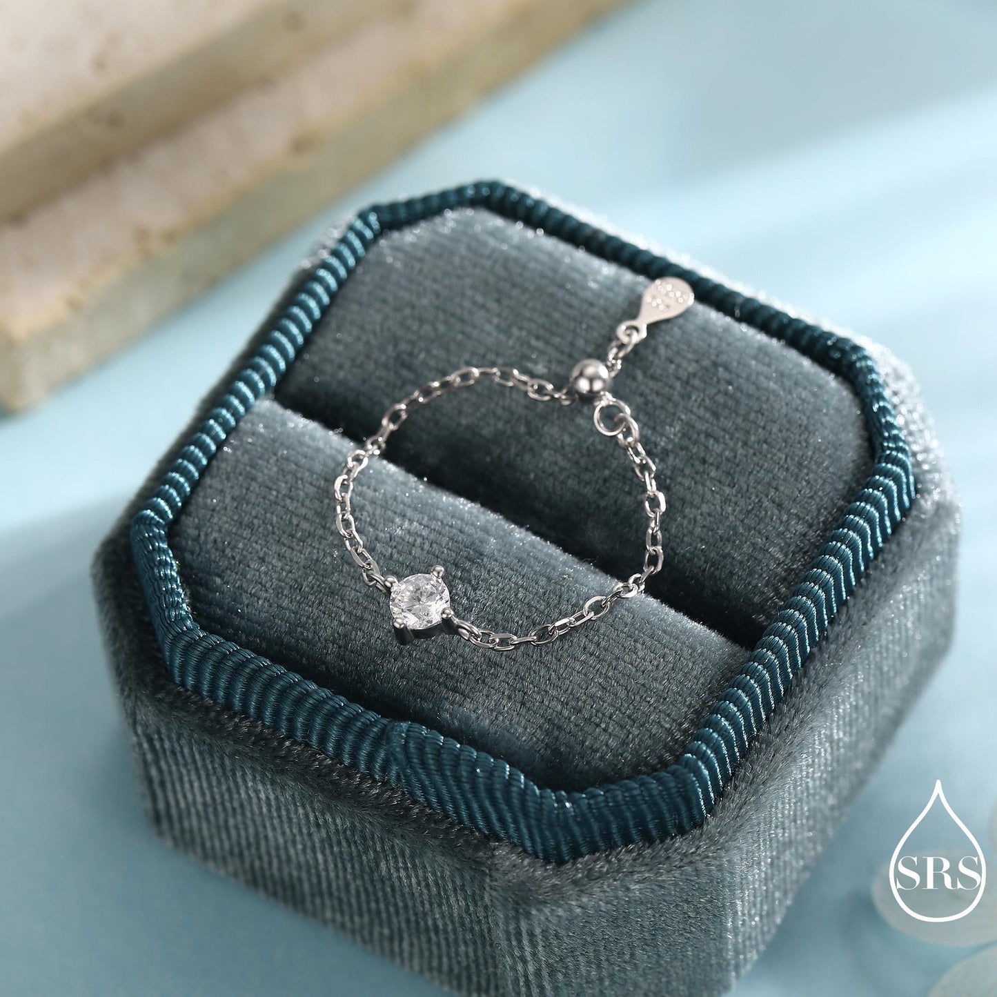 Sterling Silver Sparkly CZ Soft Chain Ring, Adjustable Size Crystal Chain Ring, Silver or Gold Finish, Soft chain Ring in Sterling Silver