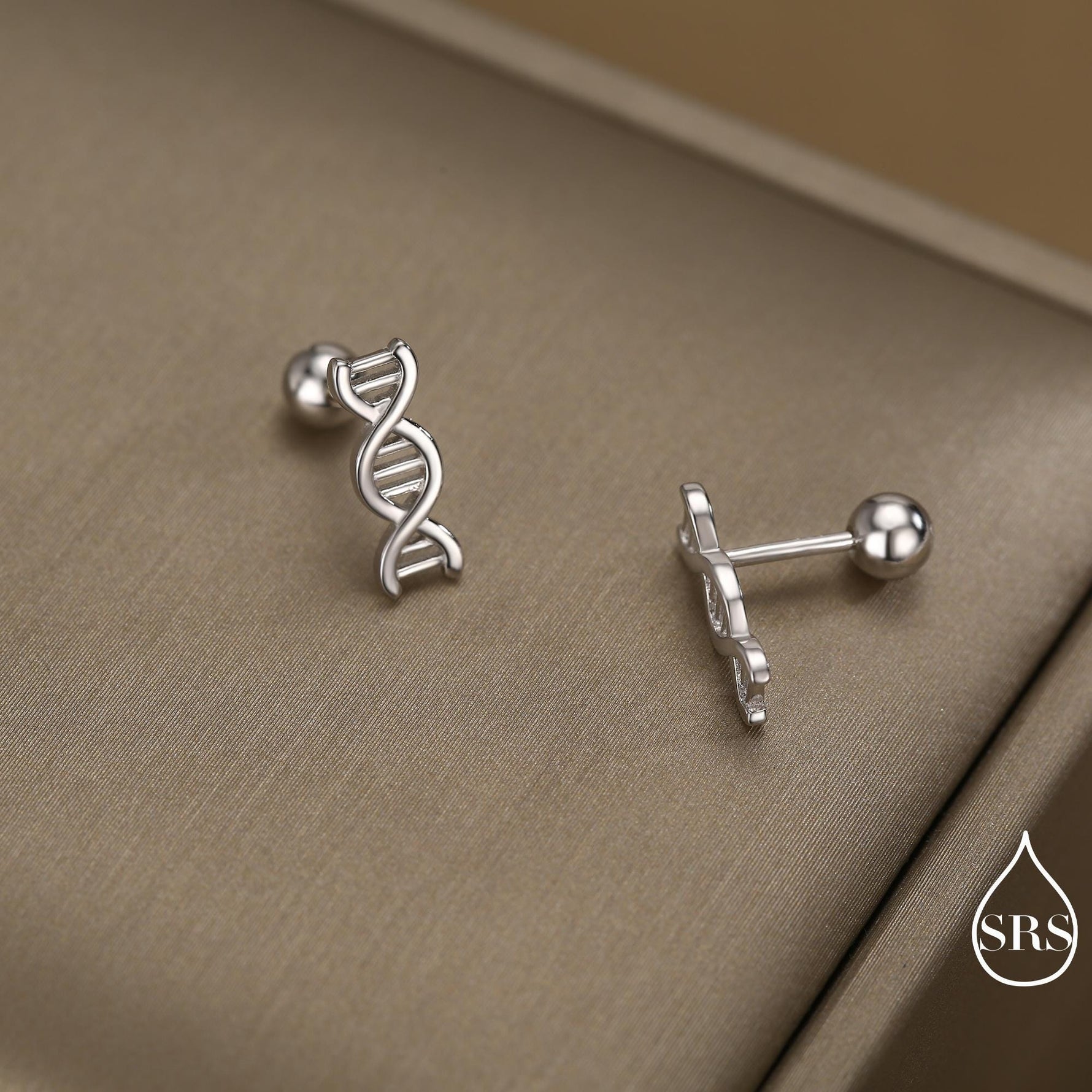 DNA Molecular Structure Screw Back/ Stud Earrings in Sterling Silver, Available in Silver, Gold, Rose Gold Finish, Quirky Science Jewellery