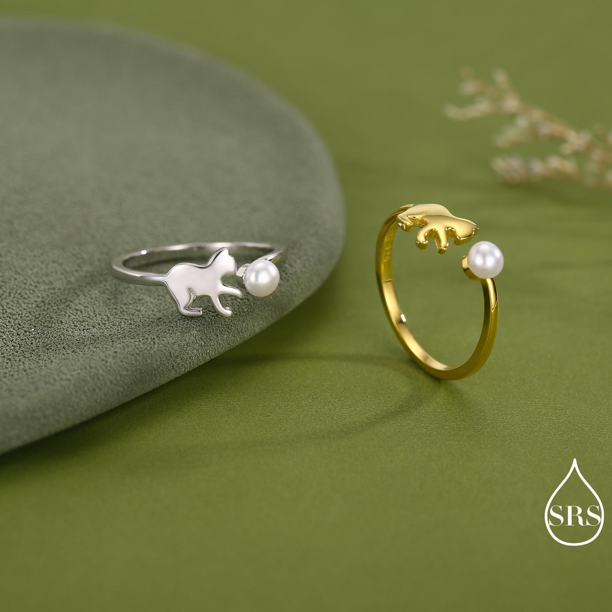 Sterling Silver Cat Playing with Ball Ring with Natural Button Shaped Pearls, Adjustable Sized Ring, Open Ring, Stacking Rings