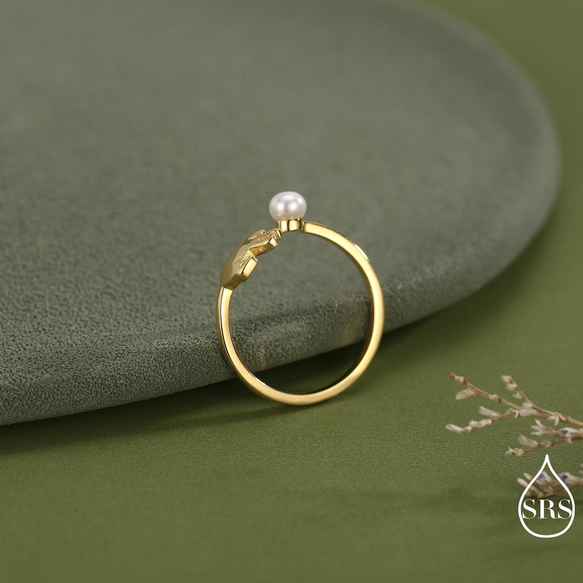 Sterling Silver Cat Playing with Ball Ring with Natural Button Shaped Pearls, Adjustable Sized Ring, Open Ring, Stacking Rings