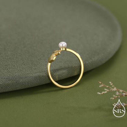 Sterling Silver Cat Playing with Ball Ring with Natural Button Shaped Pearls, Adjustable Sized Ring, Open Ring, Stacking Rings