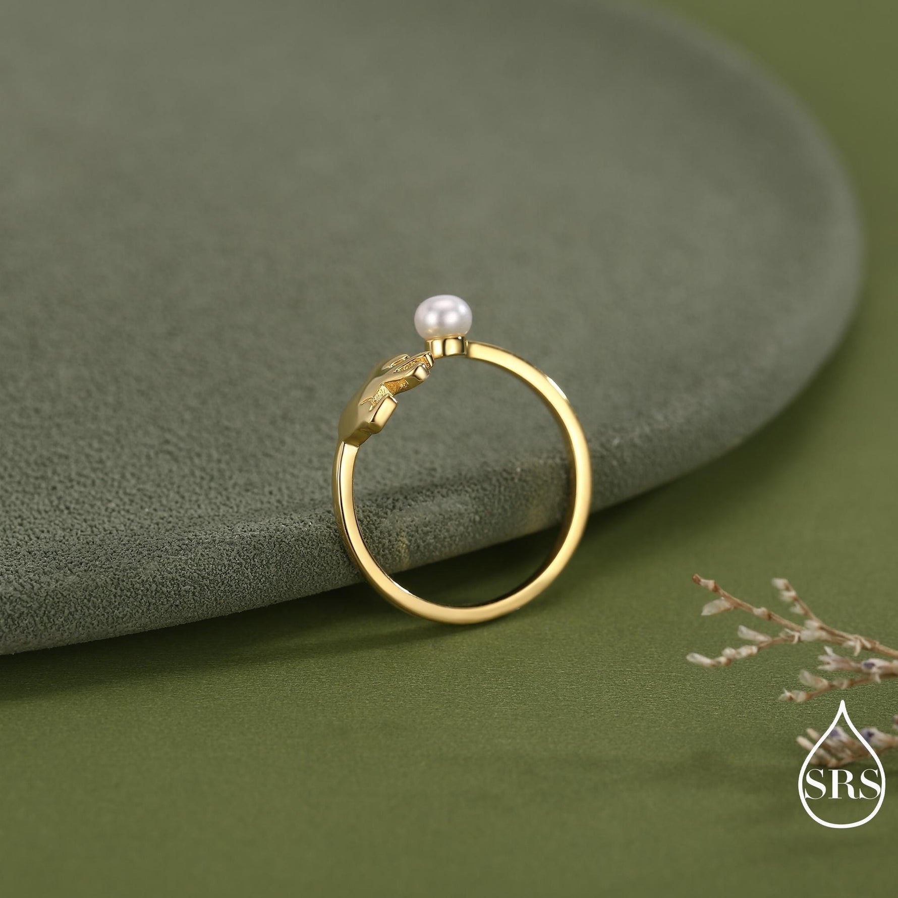 Sterling Silver Cat Playing with Ball Ring with Natural Button Shaped Pearls, Adjustable Sized Ring, Open Ring, Stacking Rings