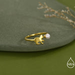 Sterling Silver Cat Playing with Ball Ring with Natural Button Shaped Pearls, Adjustable Sized Ring, Open Ring, Stacking Rings