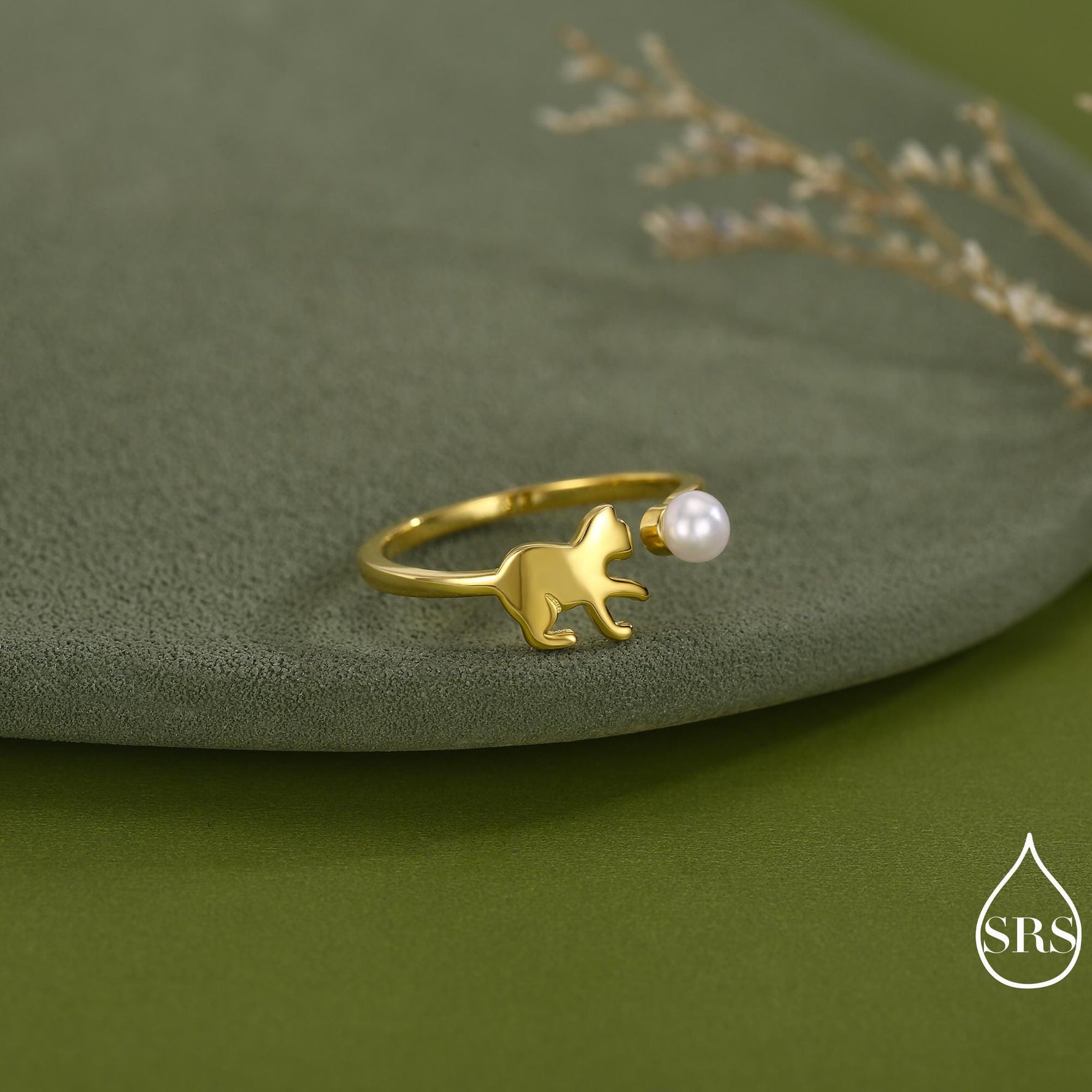 Sterling Silver Cat Playing with Ball Ring with Natural Button Shaped Pearls, Adjustable Sized Ring, Open Ring, Stacking Rings