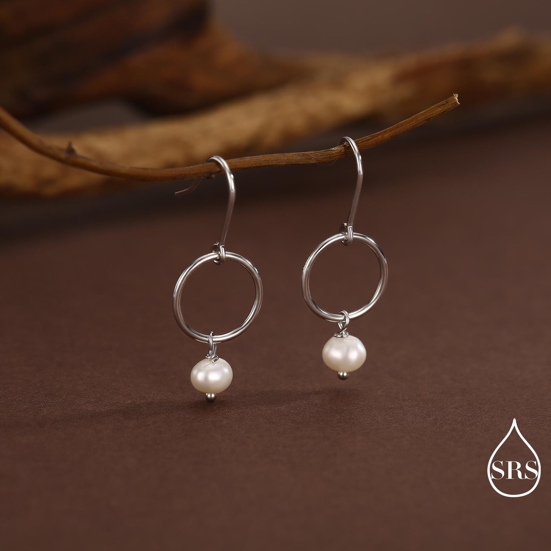 Genuine Freshwater Pearl and Circle Dangle Drop Earrings in Sterling Silver, Delicate Keshi Pearl Halo Earrings, Also in Gold and Rose Gold