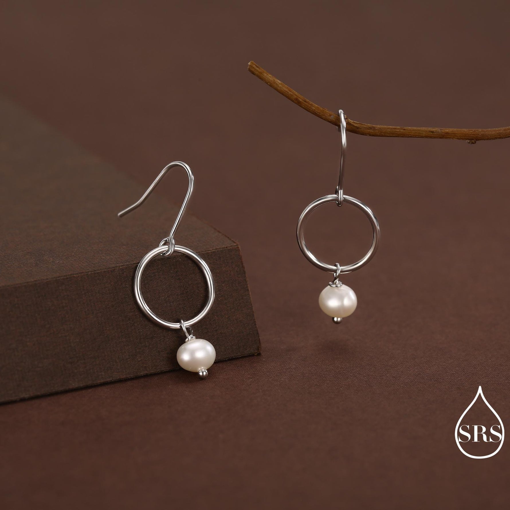 Genuine Freshwater Pearl and Circle Dangle Drop Earrings in Sterling Silver, Delicate Keshi Pearl Halo Earrings, Also in Gold and Rose Gold