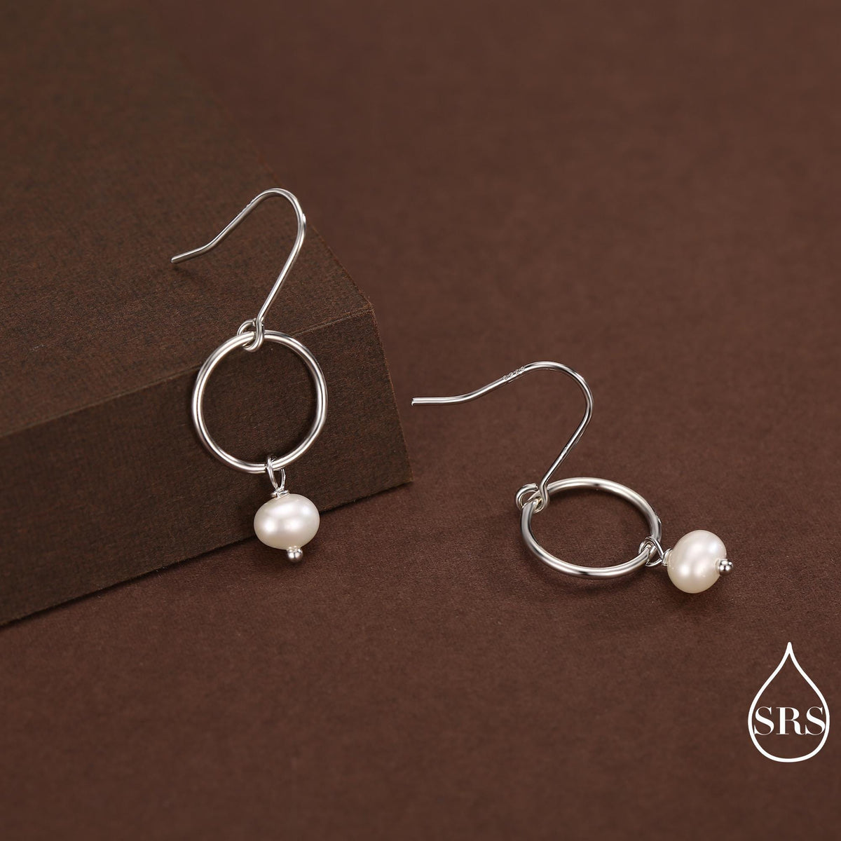 Genuine Freshwater Pearl and Circle Dangle Drop Earrings in Sterling Silver, Delicate Keshi Pearl Halo Earrings, Also in Gold and Rose Gold