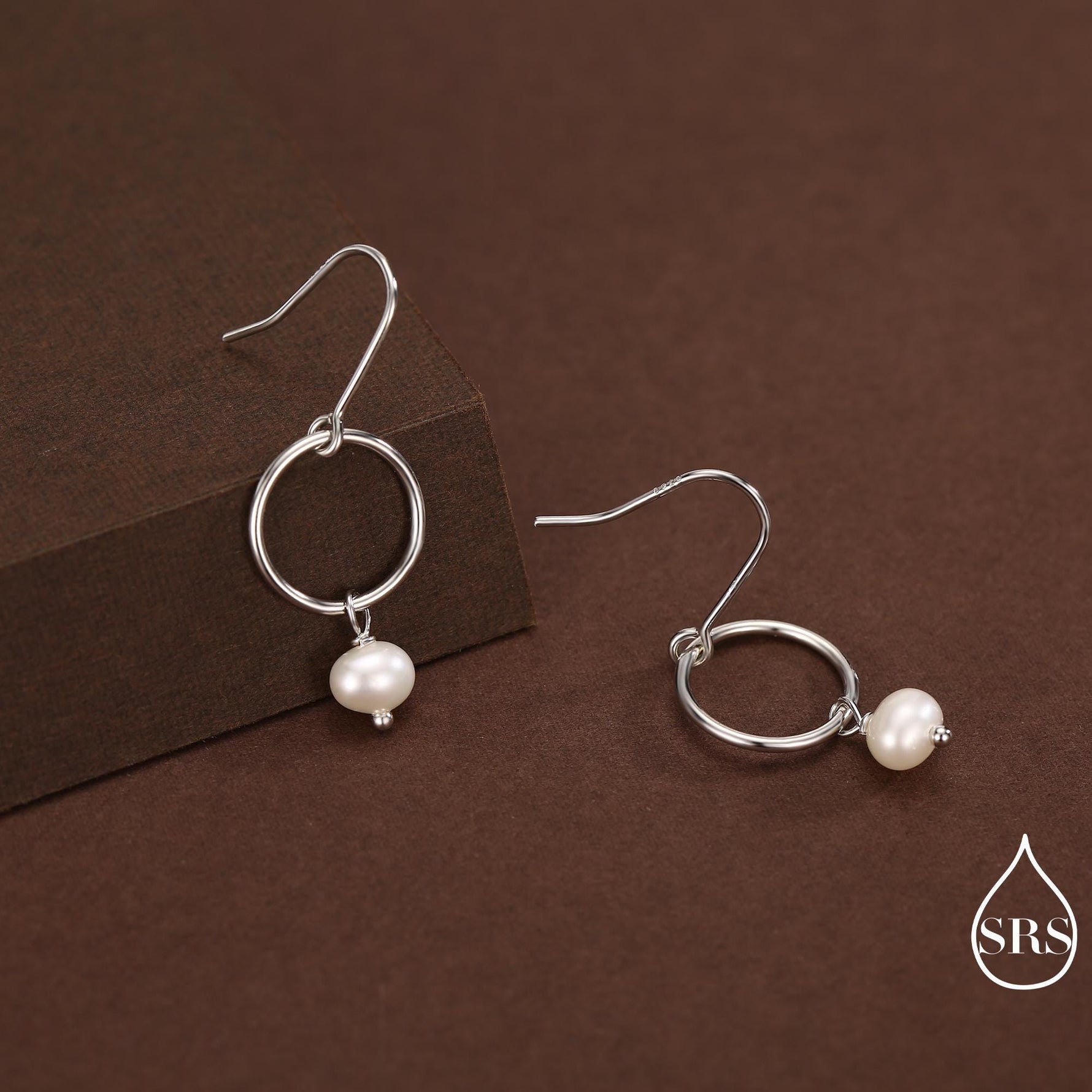 Genuine Freshwater Pearl and Circle Dangle Drop Earrings in Sterling Silver, Delicate Keshi Pearl Halo Earrings, Also in Gold and Rose Gold