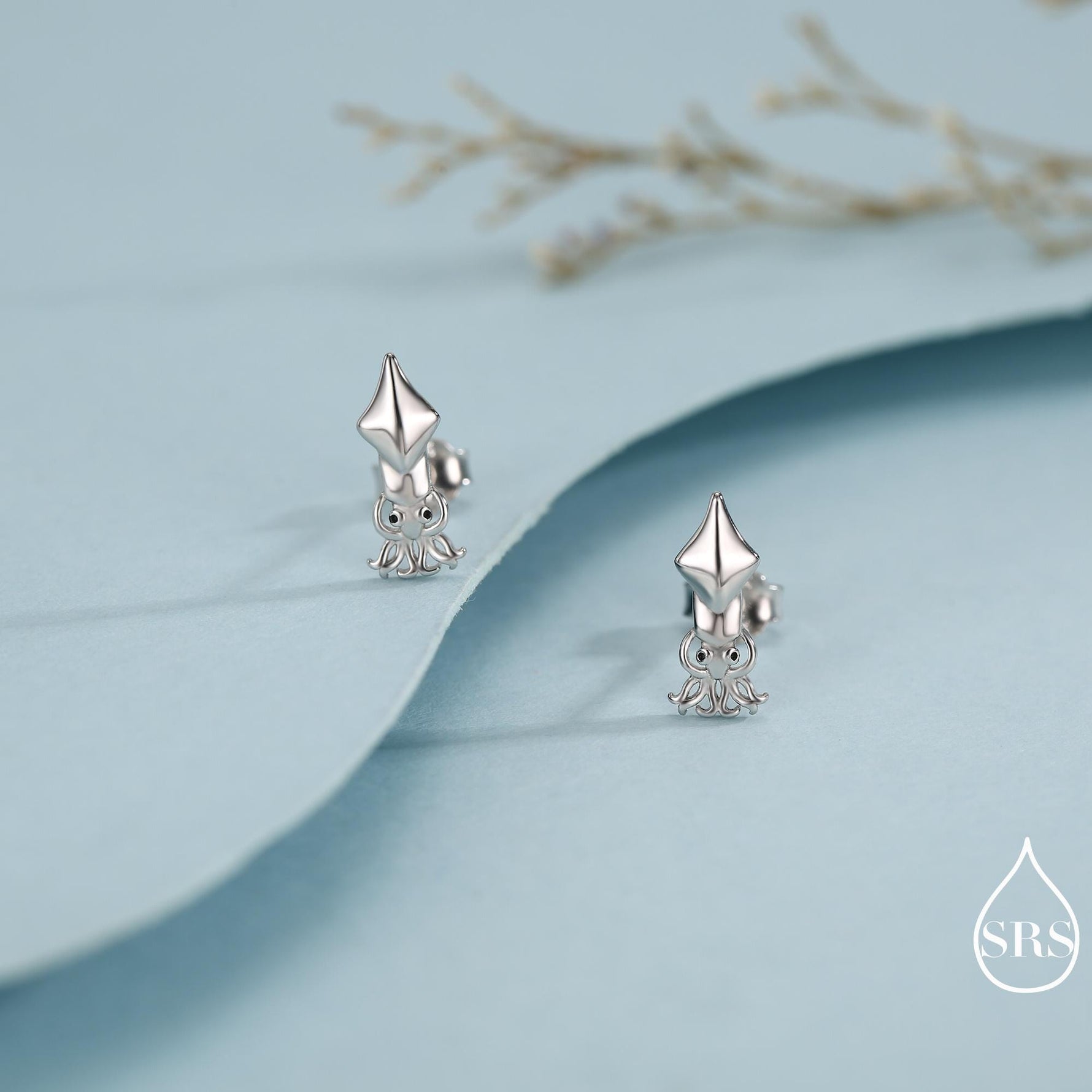 Squid Stud Earrings in Sterling Silver, Squid Fish Earrings, Nature Inspired Animal Earrings, Ocean Animal