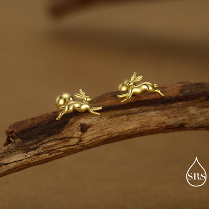 Tiny Leaping Hare Screw Back/ Stud Earrings in Sterling Silver, Tiny Hare rabbit Earrings, Nature Inspired Animal Earrings,