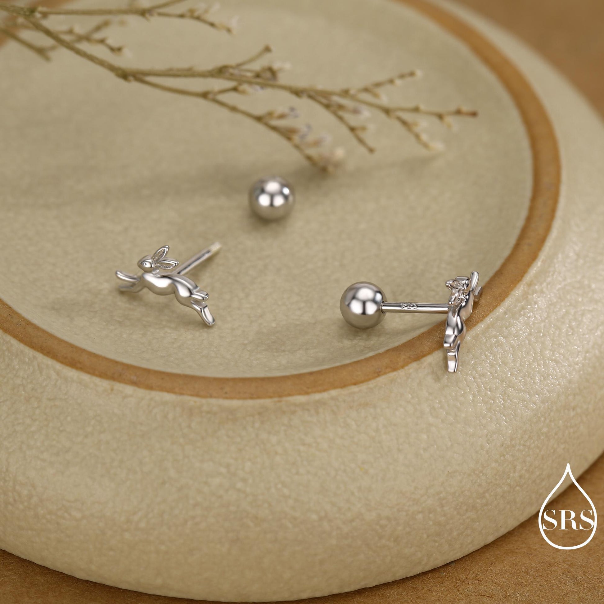 Tiny Leaping Hare Screw Back/ Stud Earrings in Sterling Silver, Tiny Hare rabbit Earrings, Nature Inspired Animal Earrings,