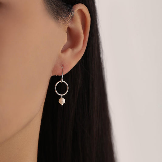 Genuine Freshwater Pearl and Circle Dangle Drop Earrings in Sterling Silver, Delicate Keshi Pearl Halo Earrings, Also in Gold and Rose Gold