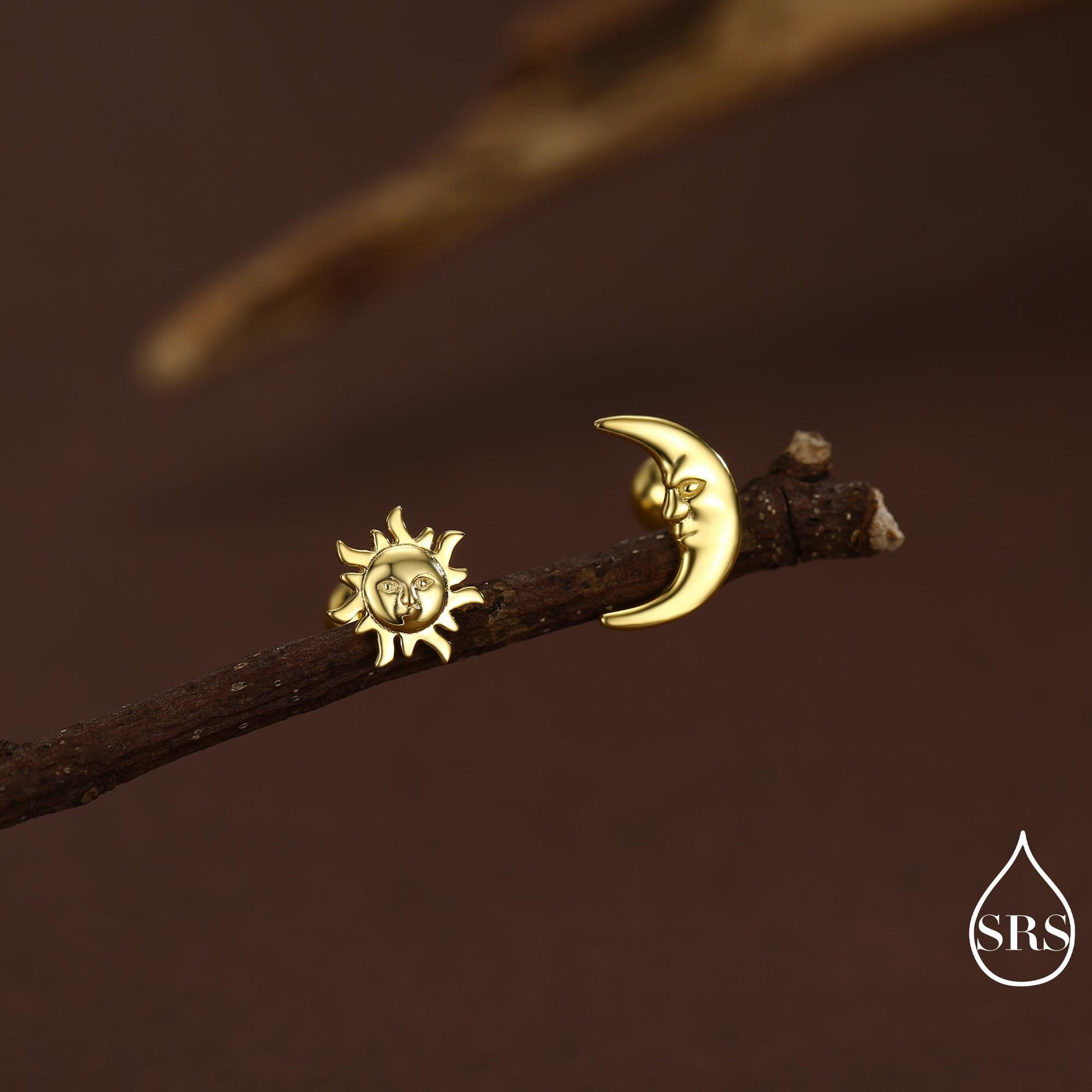 Mismatched Sun and Moon 16G 8mm Flat Back Earrings in Sterling Silver, Asymmetric Man in the Moon and Sun Face Stud Earrings