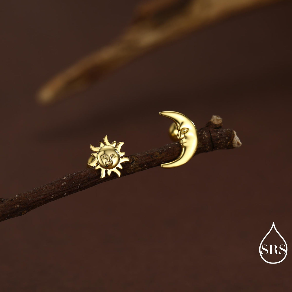 Mismatched Sun and Moon 16G Flat Back Earrings in Sterling Silver, Asymmetric Man in the Moon and Sun Face Stud Earrings