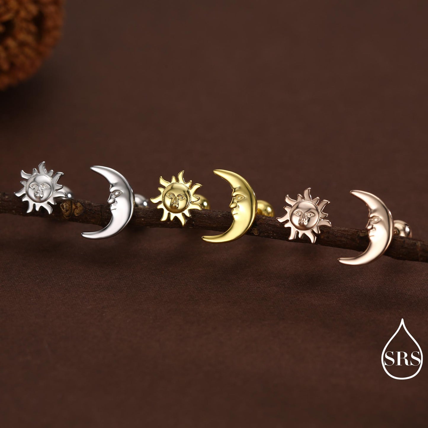 Mismatched Sun and Moon Screw Back / Stud Earrings in Sterling Silver, Asymmetric Man in the Moon and Sun Face Earrings