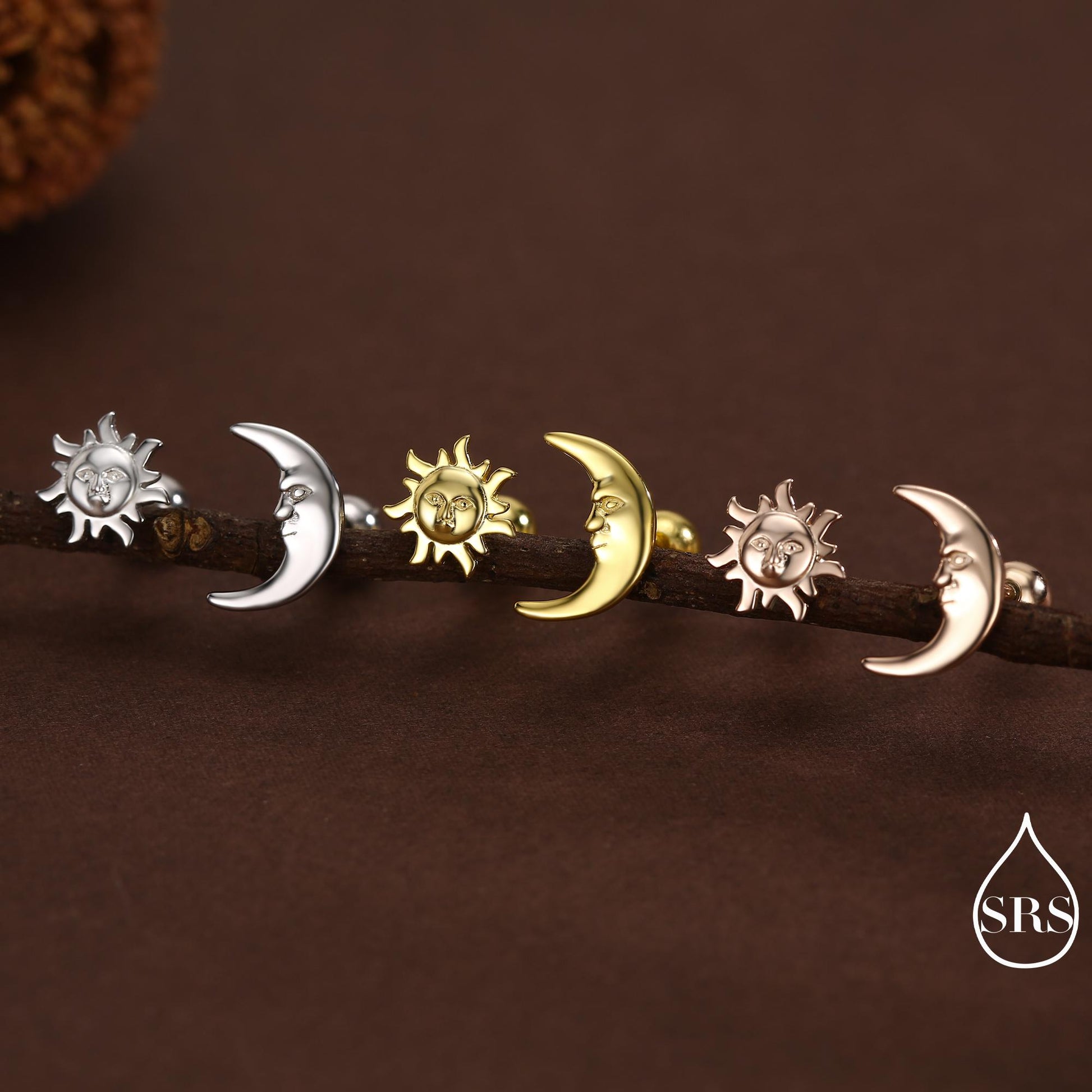 Mismatched Sun and Moon Screw Back / Stud Earrings in Sterling Silver, Asymmetric Man in the Moon and Sun Face Earrings