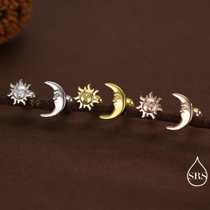 Mismatched Sun and Moon Screw Back / Stud Earrings in Sterling Silver, Asymmetric Man in the Moon and Sun Face Earrings