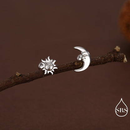Mismatched Sun and Moon Screw Back / Stud Earrings in Sterling Silver, Asymmetric Man in the Moon and Sun Face Earrings