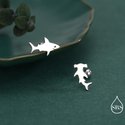 Mismatched Shark Internally Threaded /Stud / Screw Back Earrings in Sterling Silver, Silver, Gold or Rose Gold, Hammerhead shark Earrings