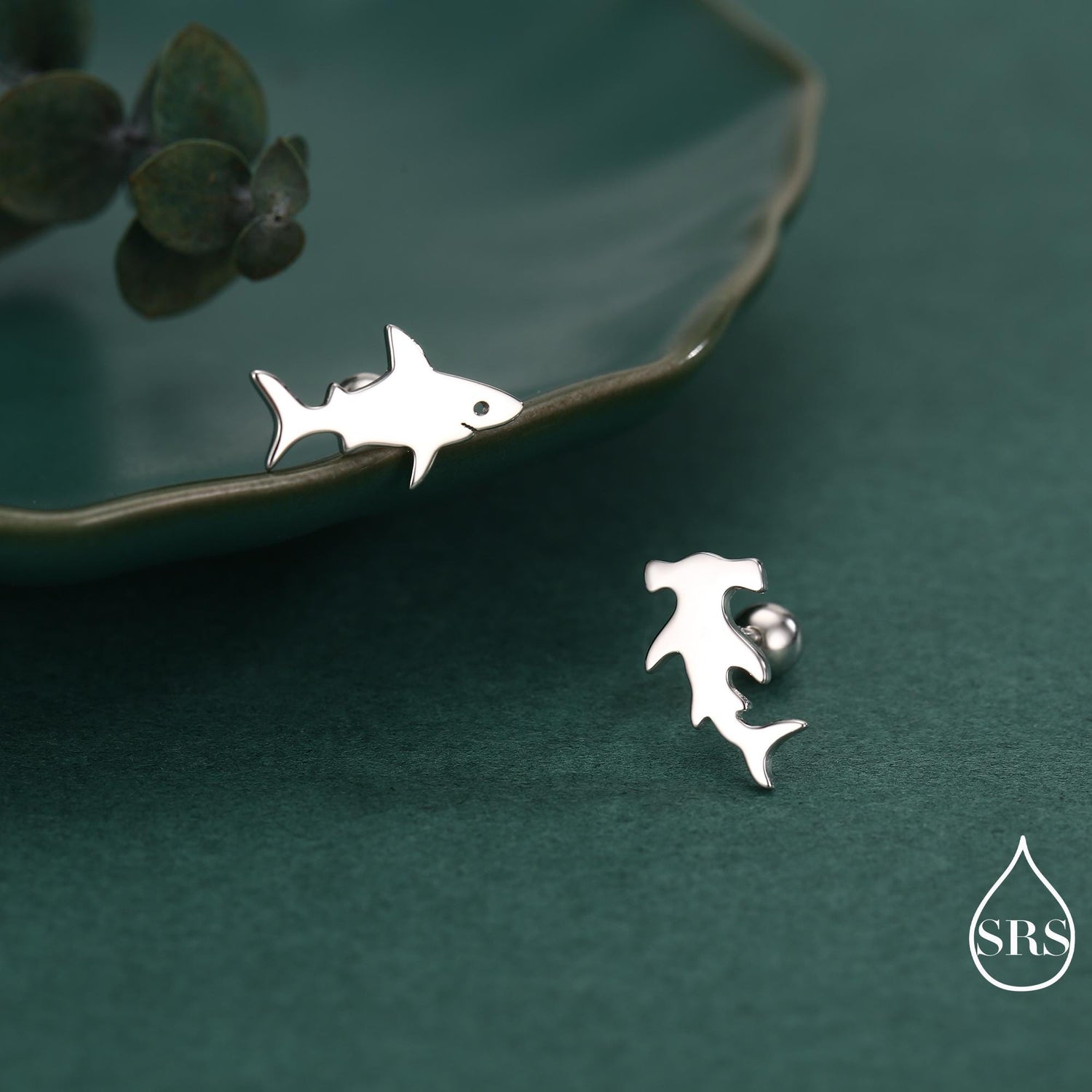 Mismatched Shark 18G Screw Back Earrings in Sterling Silver, Silver, Animal Earrings