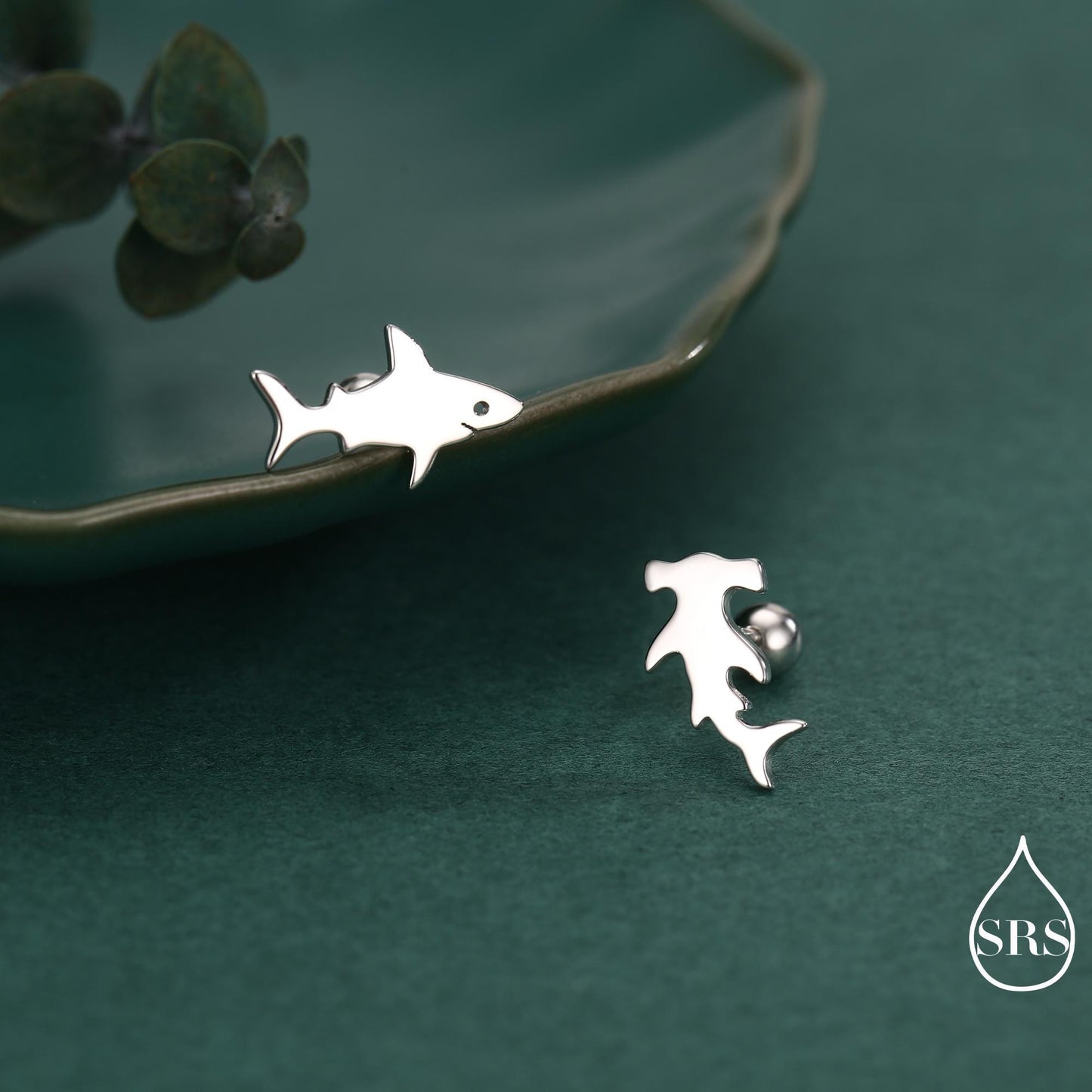 Mismatched Shark Screw Back /Stud / Flat Back Earrings in Sterling Silver, Silver, Gold or Rose Gold, Asymmetric Hammerhead shark Earrings