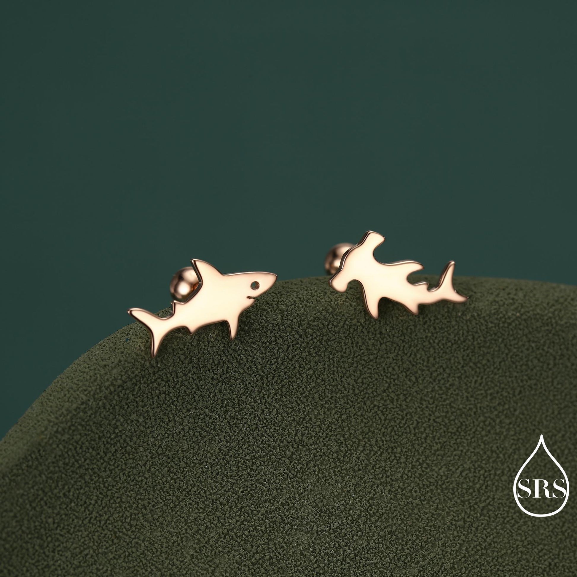 Mismatched Shark Internally Threaded /Stud / Screw Back Earrings in Sterling Silver, Silver, Gold or Rose Gold, Hammerhead shark Earrings