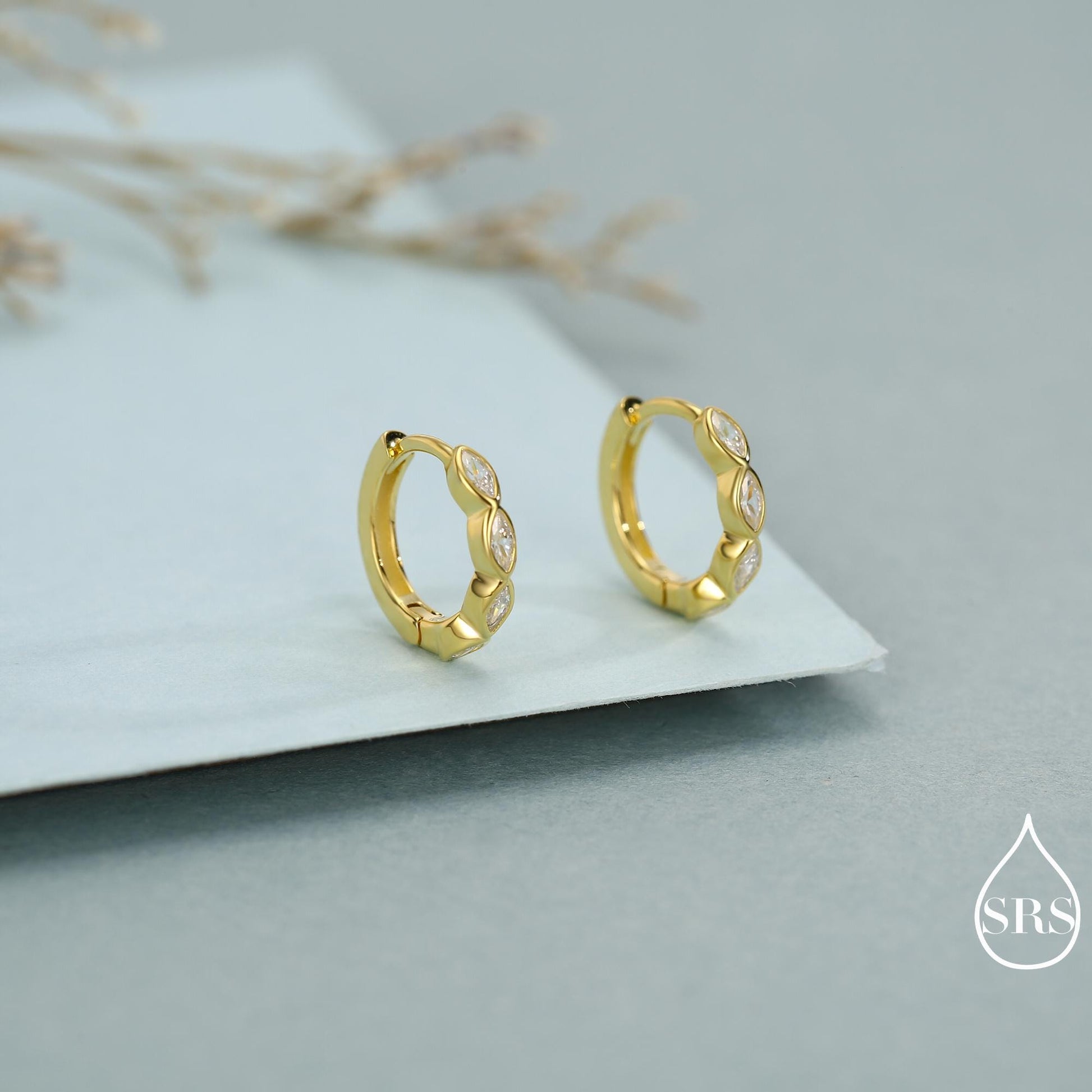 Marquise CZ Huggie Hoop in Sterling Silver, Silver or Gold, Minimalist Simple Hoop Earrings