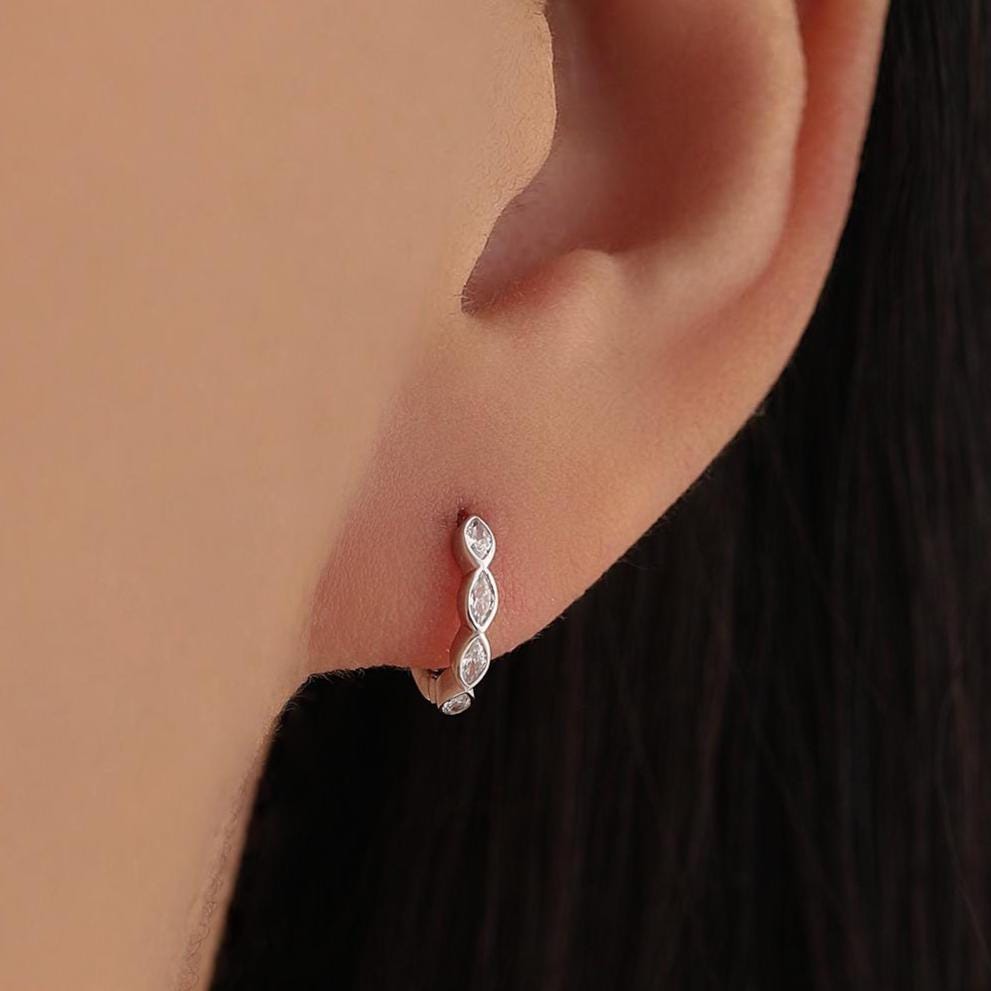 Marquise CZ Huggie Hoop in Sterling Silver, Silver or Gold, Minimalist Simple Hoop Earrings