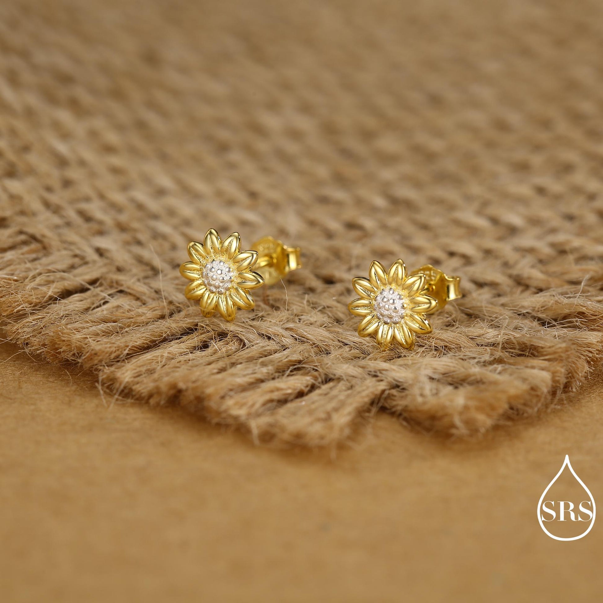 Little Sunflower Flower Stud Earrings in Sterling Silver - Flower Earrings - Cute Flower Blossom Daisy Earrings - Fun, Whimsical