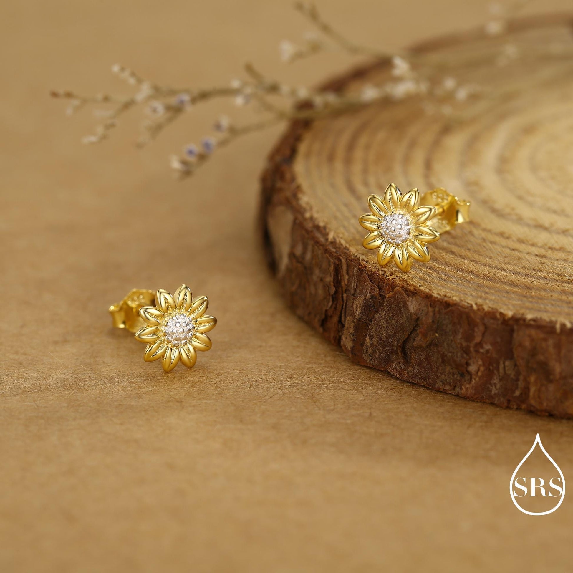 Little Sunflower Flower Stud Earrings in Sterling Silver - Flower Earrings - Cute Flower Blossom Daisy Earrings - Fun, Whimsical