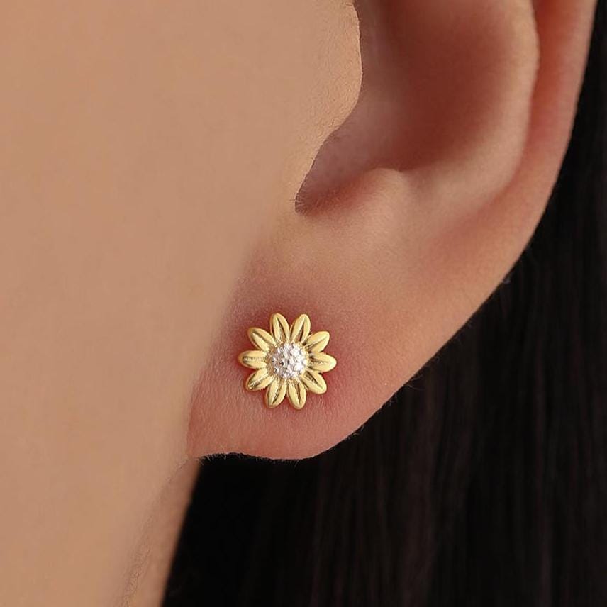 Little Sunflower Flower Stud Earrings in Sterling Silver - Flower Earrings - Cute Flower Blossom Daisy Earrings - Fun, Whimsical