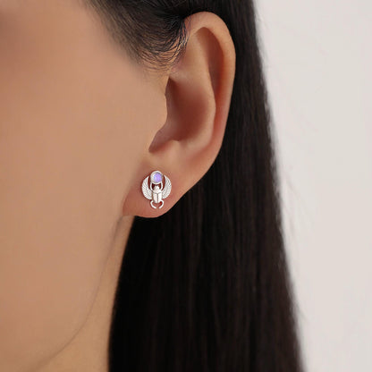 Sterling Silver Scarab Beetle Stud Earrings with Lab Moonstone – Egyptian Inspired Jewellery
