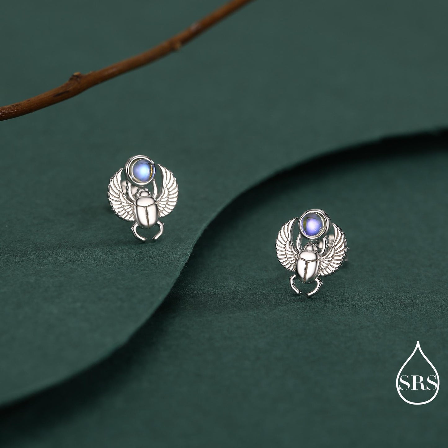 Sterling Silver Scarab Beetle Stud Earrings with Lab Moonstone – Egyptian Inspired Jewellery