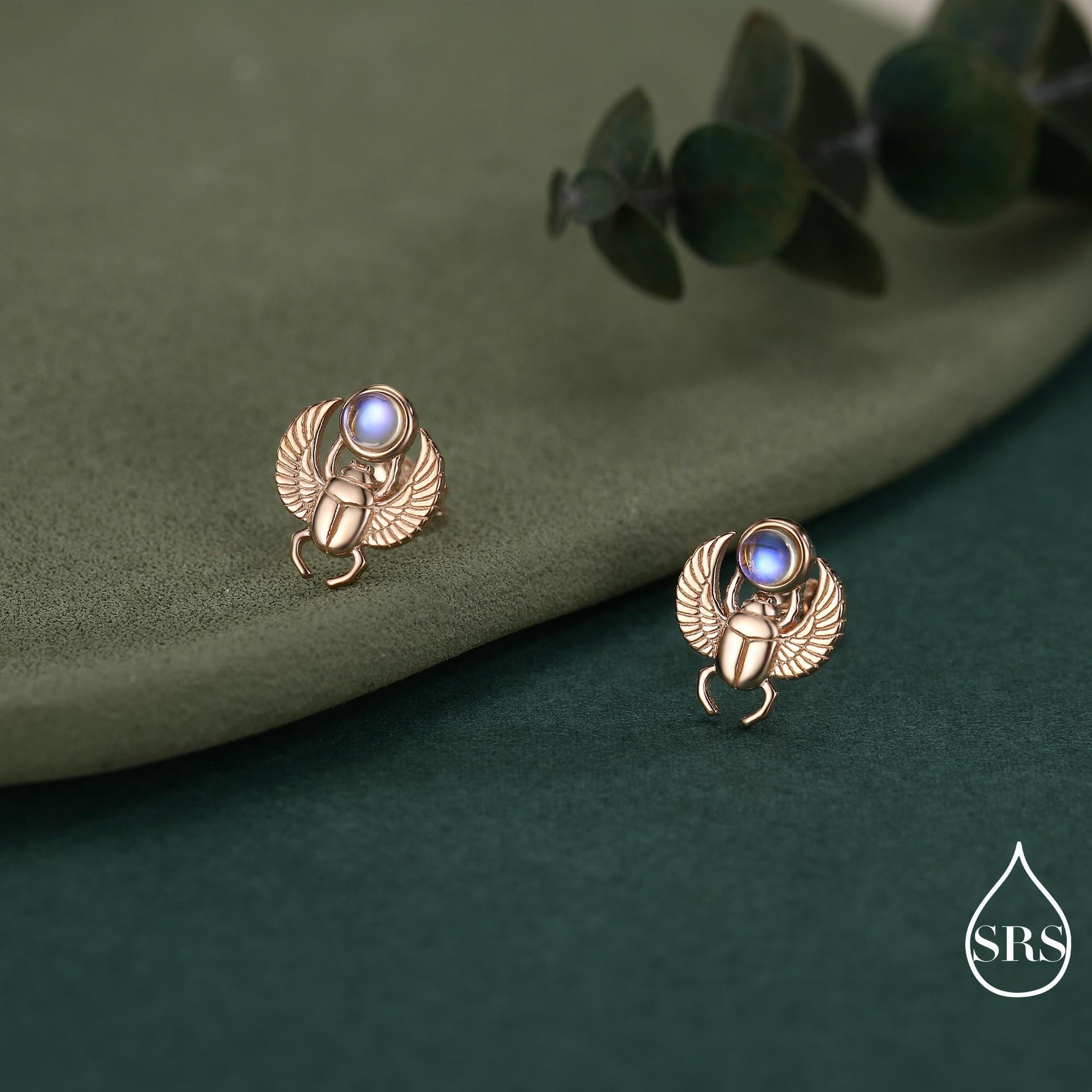 Sterling Silver Scarab Beetle Stud Earrings with Lab Moonstone – Egyptian Inspired Jewellery