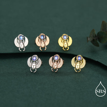 Sterling Silver Scarab Beetle Stud Earrings with Lab Moonstone – Egyptian Inspired Jewellery