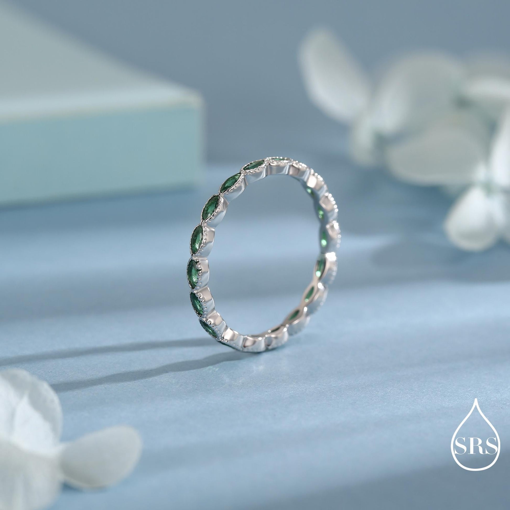 Emerald Marquise CZ Infinity Ring in Sterling Silver, Silver or Gold, Skinny Marquise Ring US 5 - 8