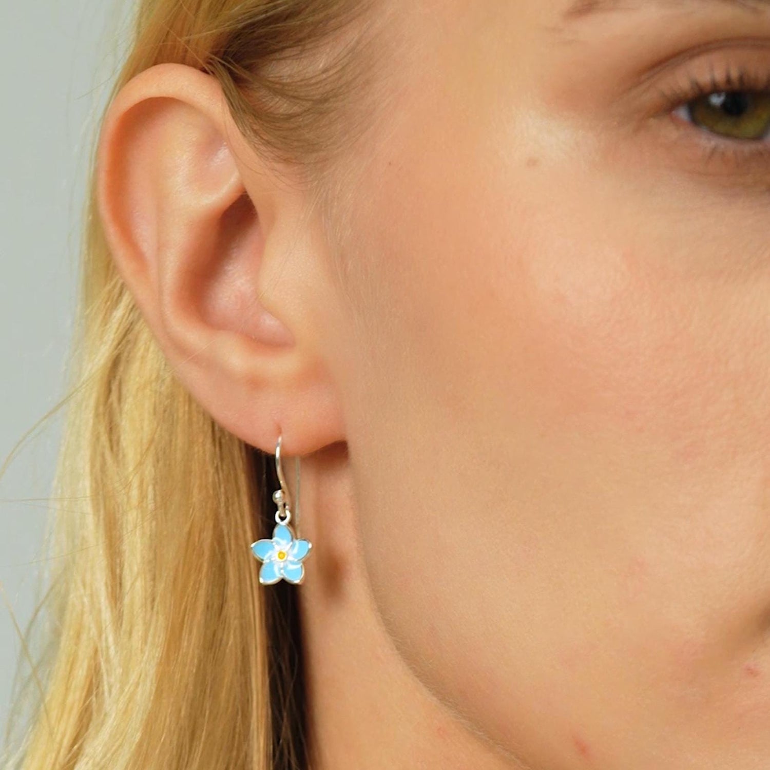 Sterling Silver Dainty Enamel Forget-me-not Flower Drop Hook Earrings, Dainty Dangle Forget Me Not Flower Earrings