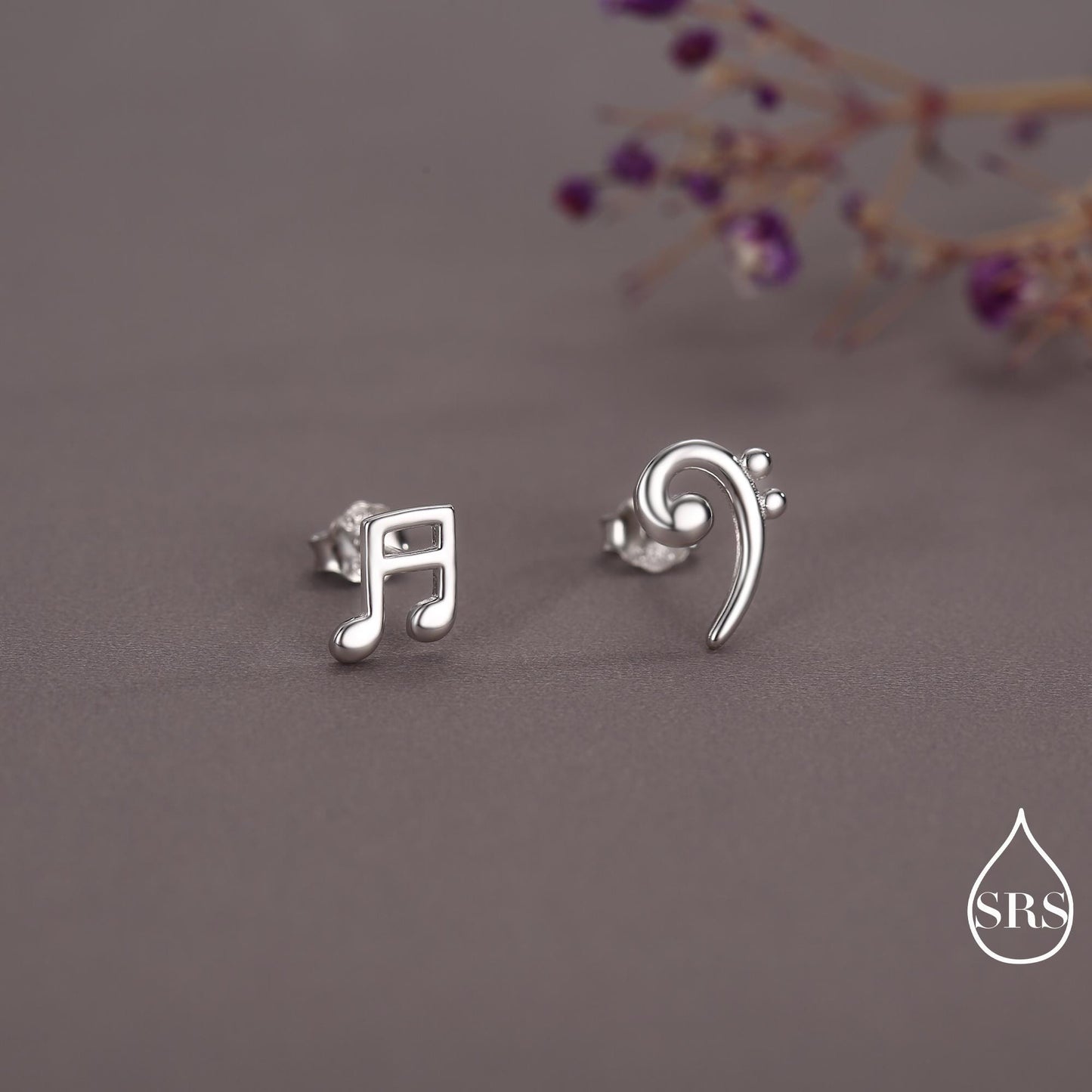 Sterling Silver Double Quaver & Bass Clef Stud Earrings – Minimalist Mismatched Music Note Earrings, Gift for Musicians, Asymmetric Studs