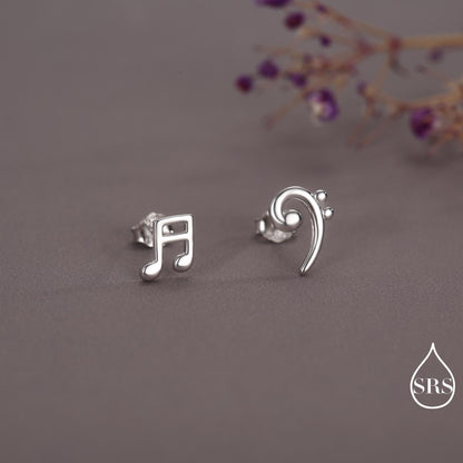 Sterling Silver Double Quaver & Bass Clef Stud Earrings – Minimalist Mismatched Music Note Earrings, Gift for Musicians, Asymmetric Studs