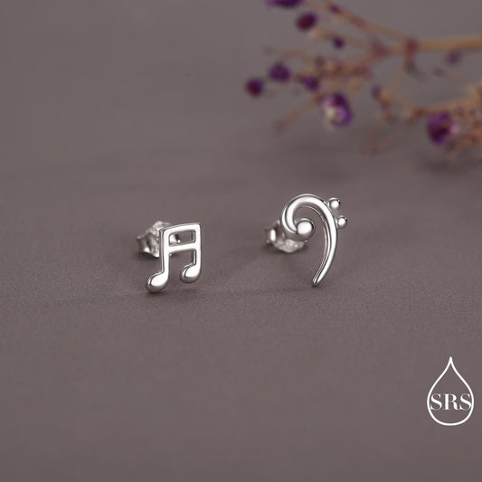Sterling Silver Double Quaver & Bass Clef Stud Earrings – Minimalist Mismatched Music Note Earrings, Gift for Musicians, Asymmetric Studs