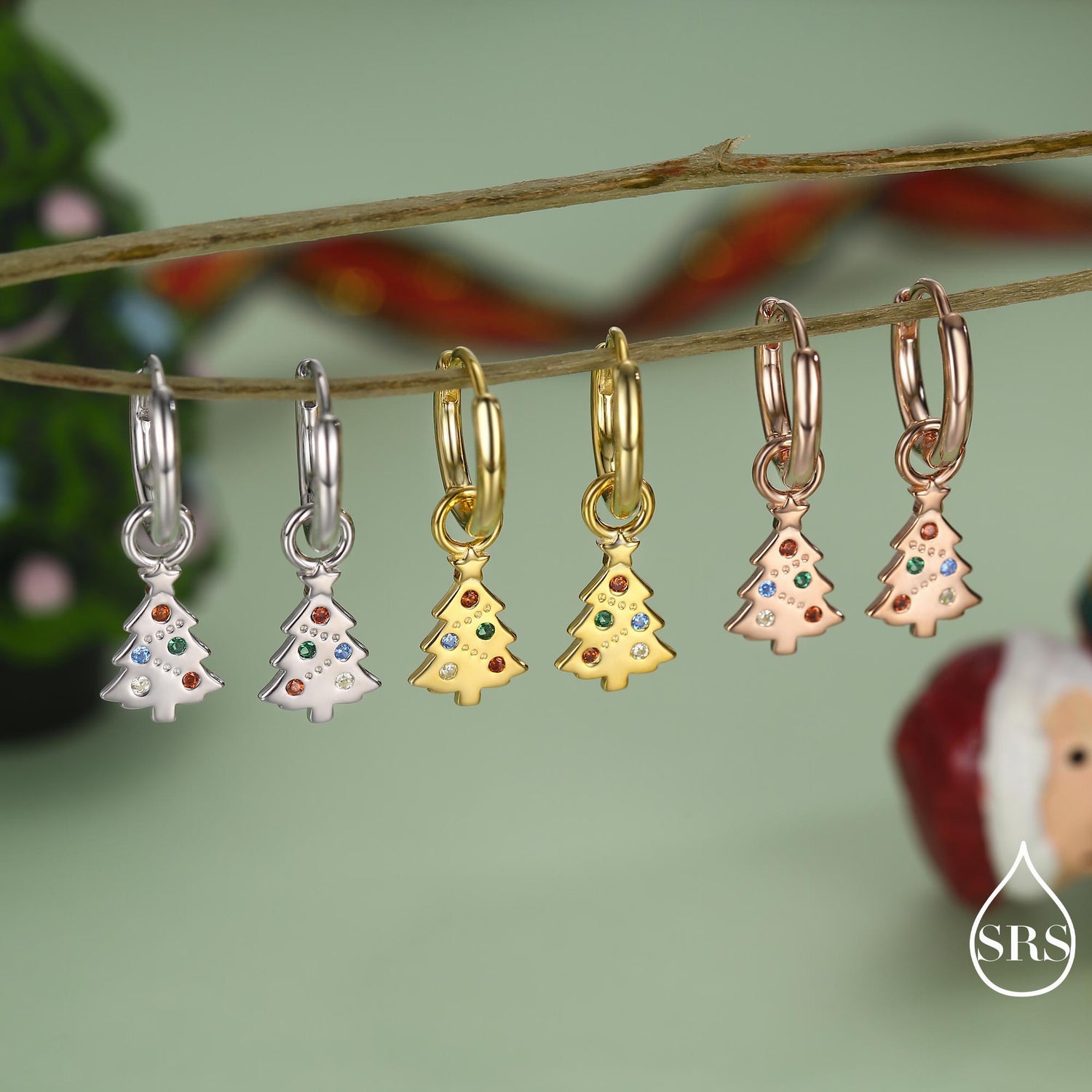 Dainty Christmas Tree Charm Hoop Earrings in Sterling Silver, Silver, Gold or Rose Gold Finish, Xmas Tree Earrings, Christmas Earrings