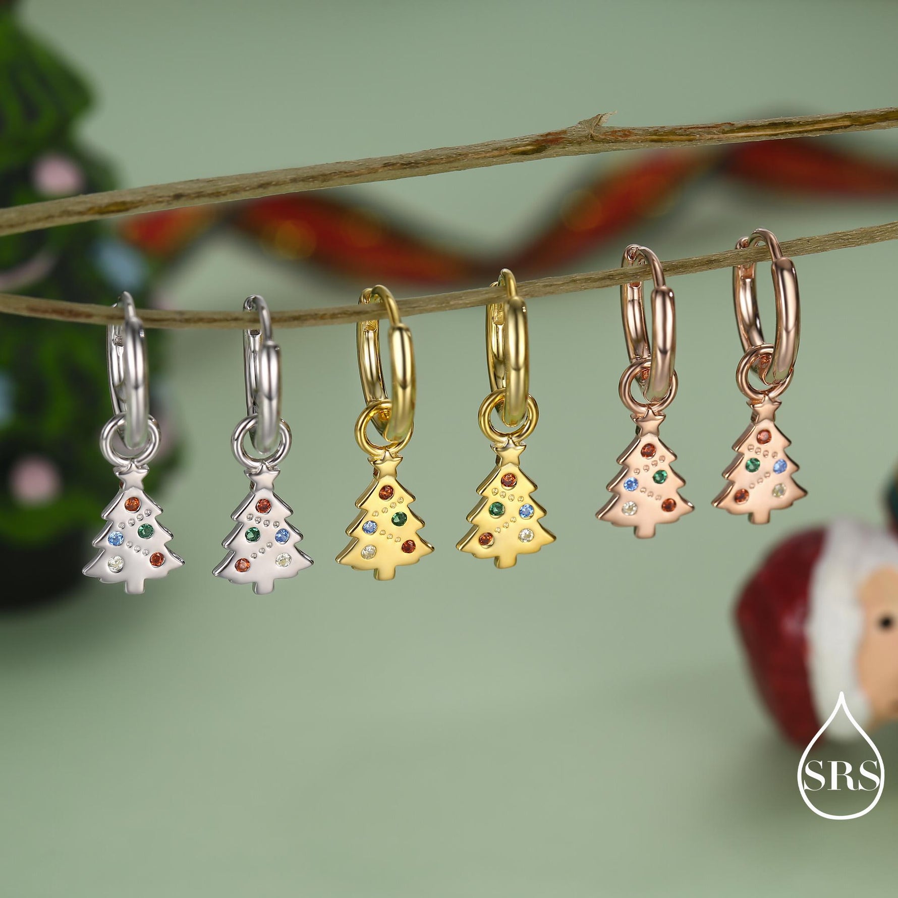 Dainty Christmas Tree Charm Hoop Earrings in Sterling Silver, Silver, Gold or Rose Gold Finish, Xmas Tree Earrings, Christmas Earrings