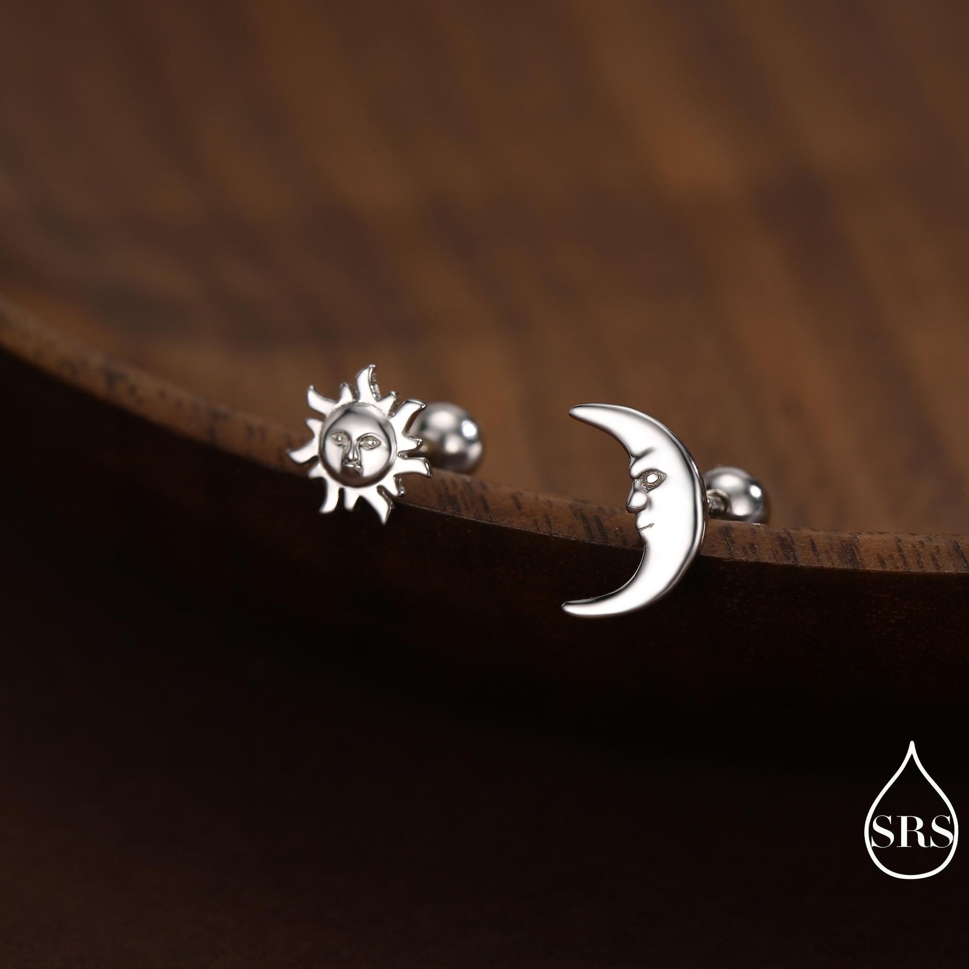 Mismatched Sun and Moon Screw Back / Stud Earrings in Sterling Silver, Asymmetric Man in the Moon and Sun Face Earrings