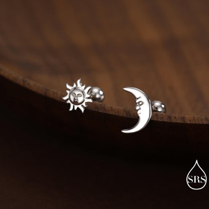 Mismatched Sun and Moon Screw Back / Stud Earrings in Sterling Silver, Asymmetric Man in the Moon and Sun Face Earrings