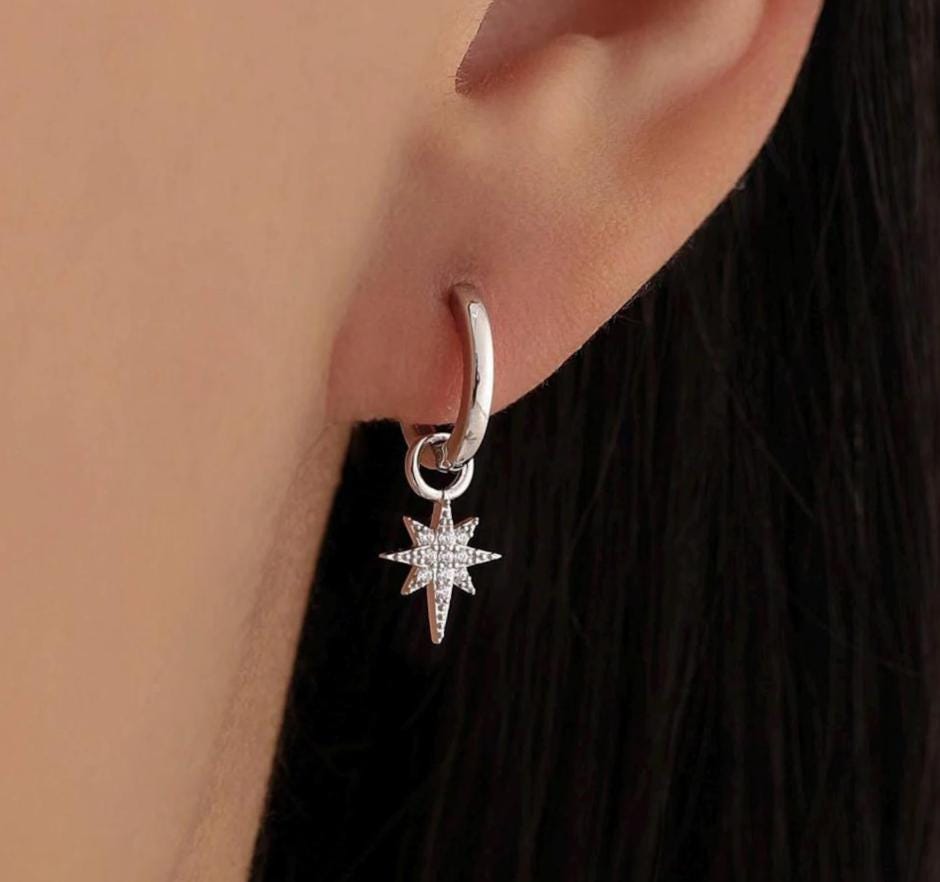 Four-Point Star, Lightning Bolt and Starburst detachable charms for huggie hoops. Sold as a pair in Silver, Gold or Rose Gold.