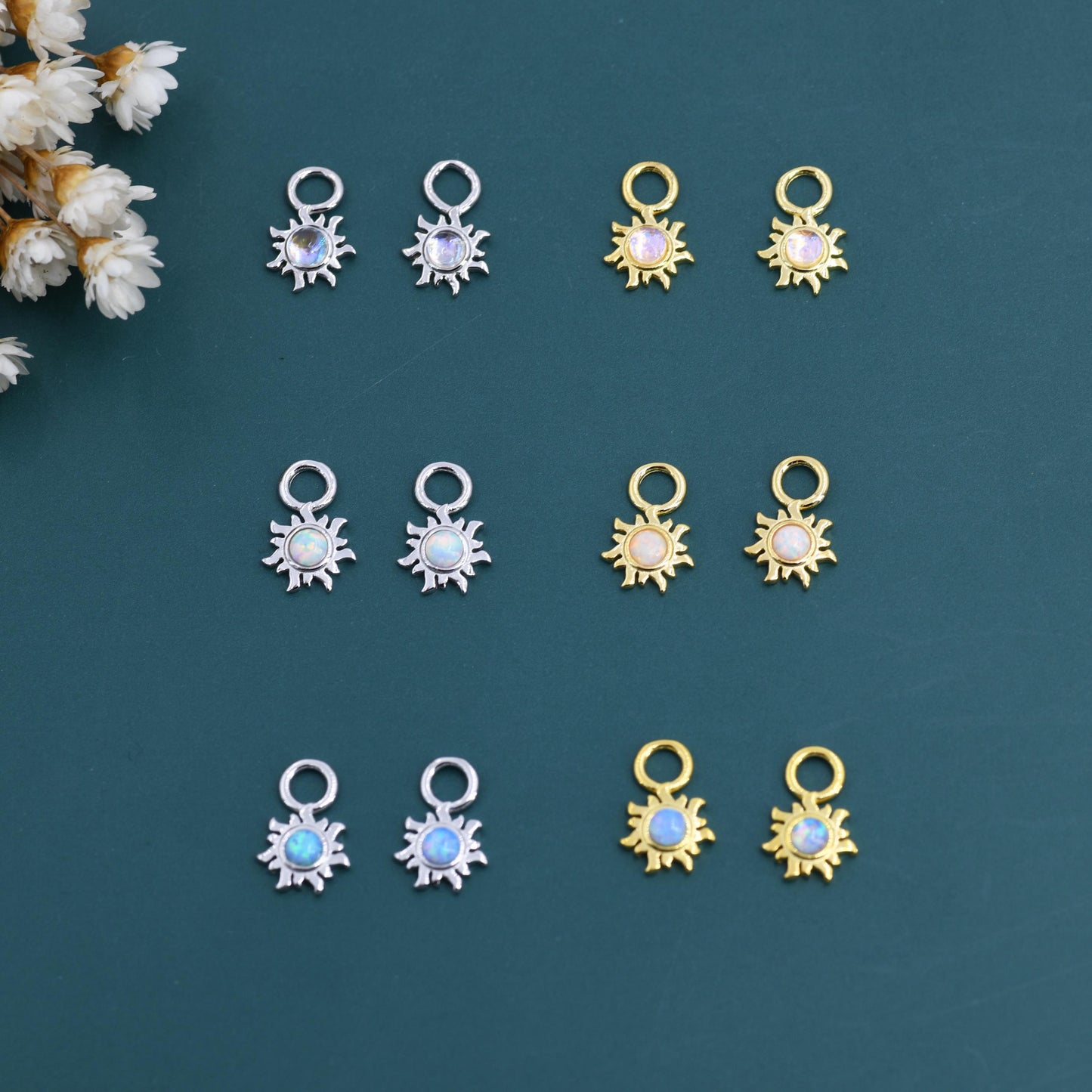 Lab Opal and Moonstone Sun Charms for Huggie Hoops in Sterling Silver, Sold as a pair, Detachable, Silver or Gold or Rose Gold Finish